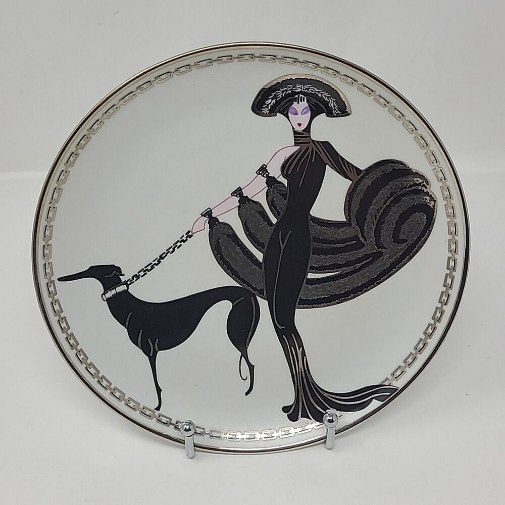 Erte Art Deco Plate Woman Dog Black Gold Franklin Mint SYMPHONY IN BLACK Decor
